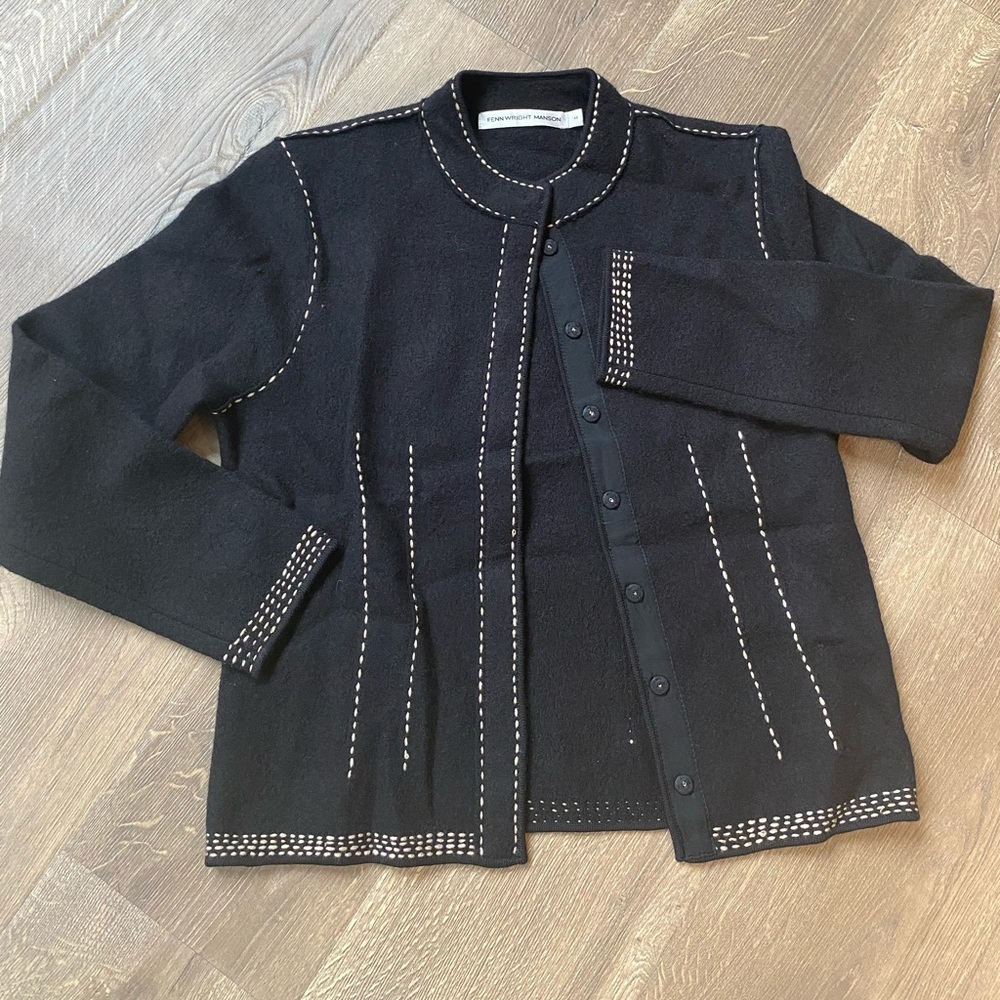 Black wool cardigan with ivory detail